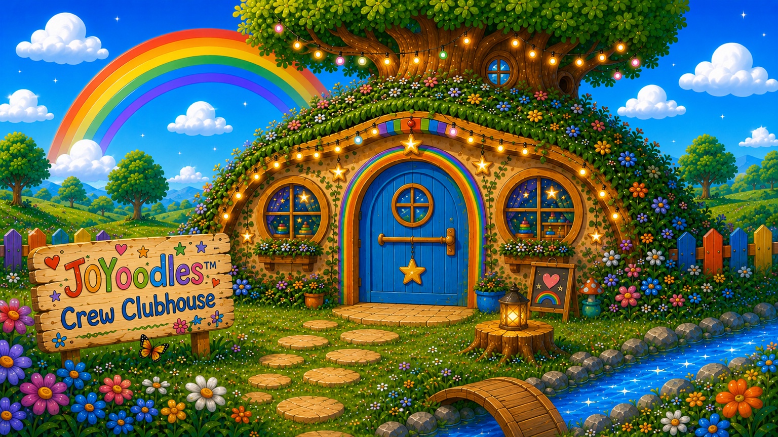 The colorful JOYoodles Crew Clubhouse beneath a rainbow